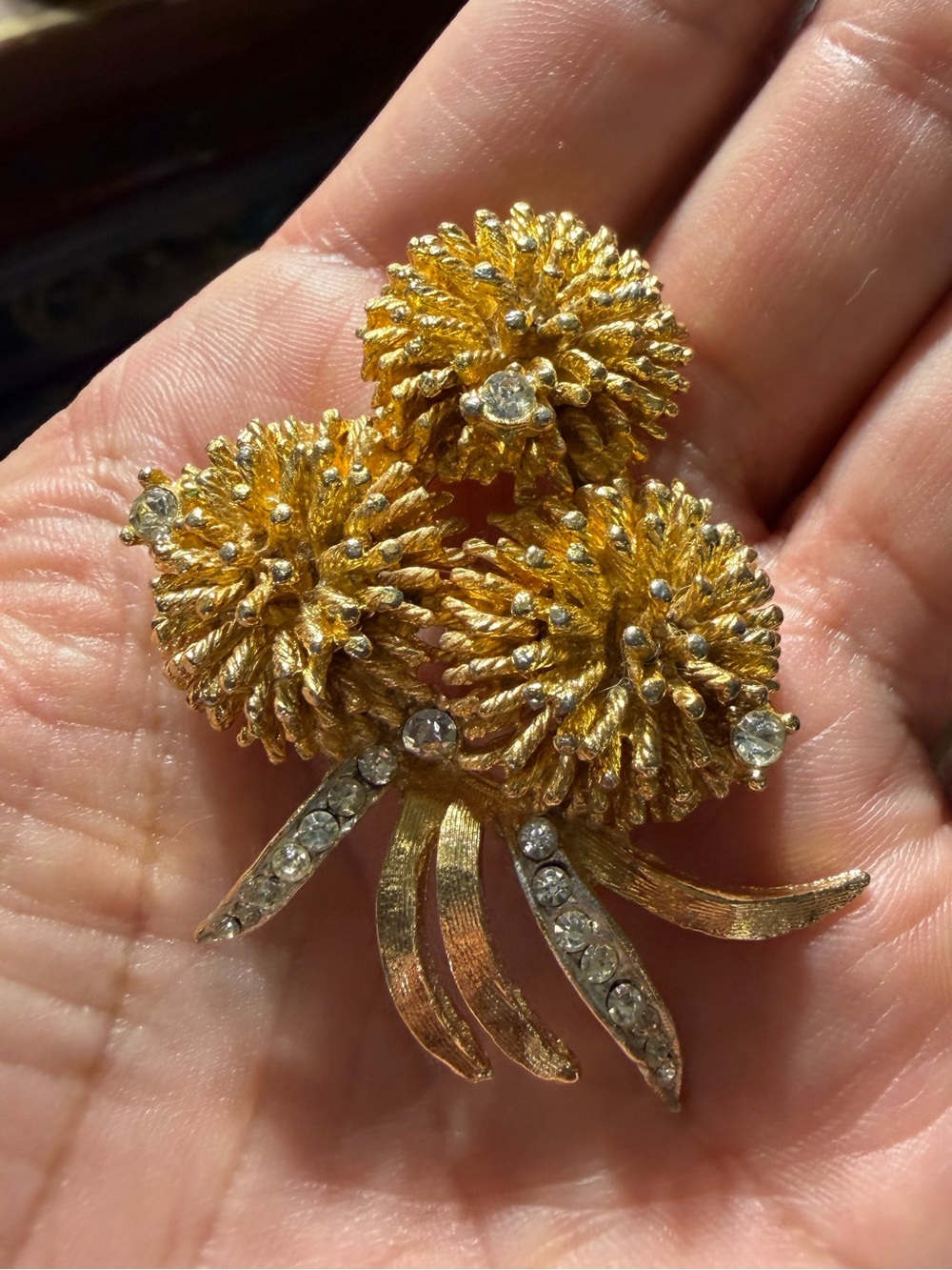 Vintage BSk Gold Tone Floral Rhinestone Brooch